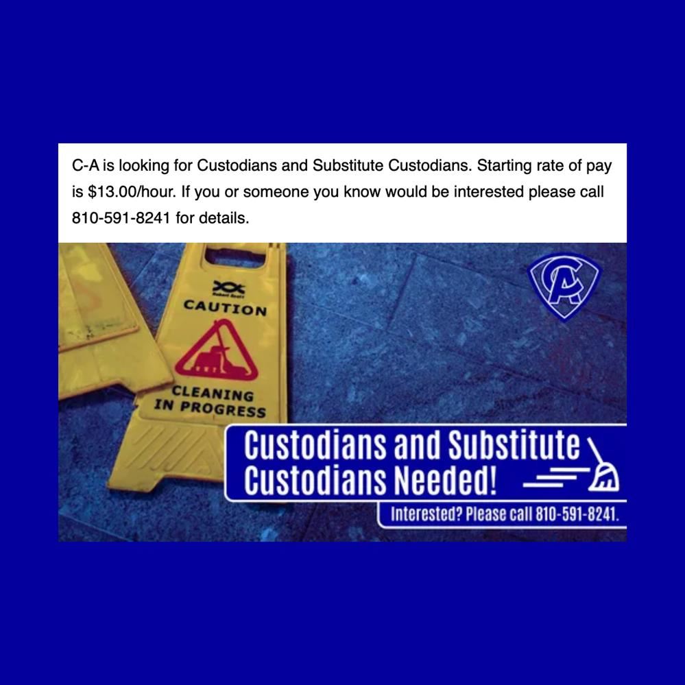  Custodians and Sub Custodians Needed. Call 810-591-8241 for details.