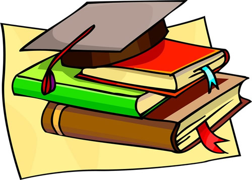 Clipart image of a stack of books with a graduation cap sitting on top of them